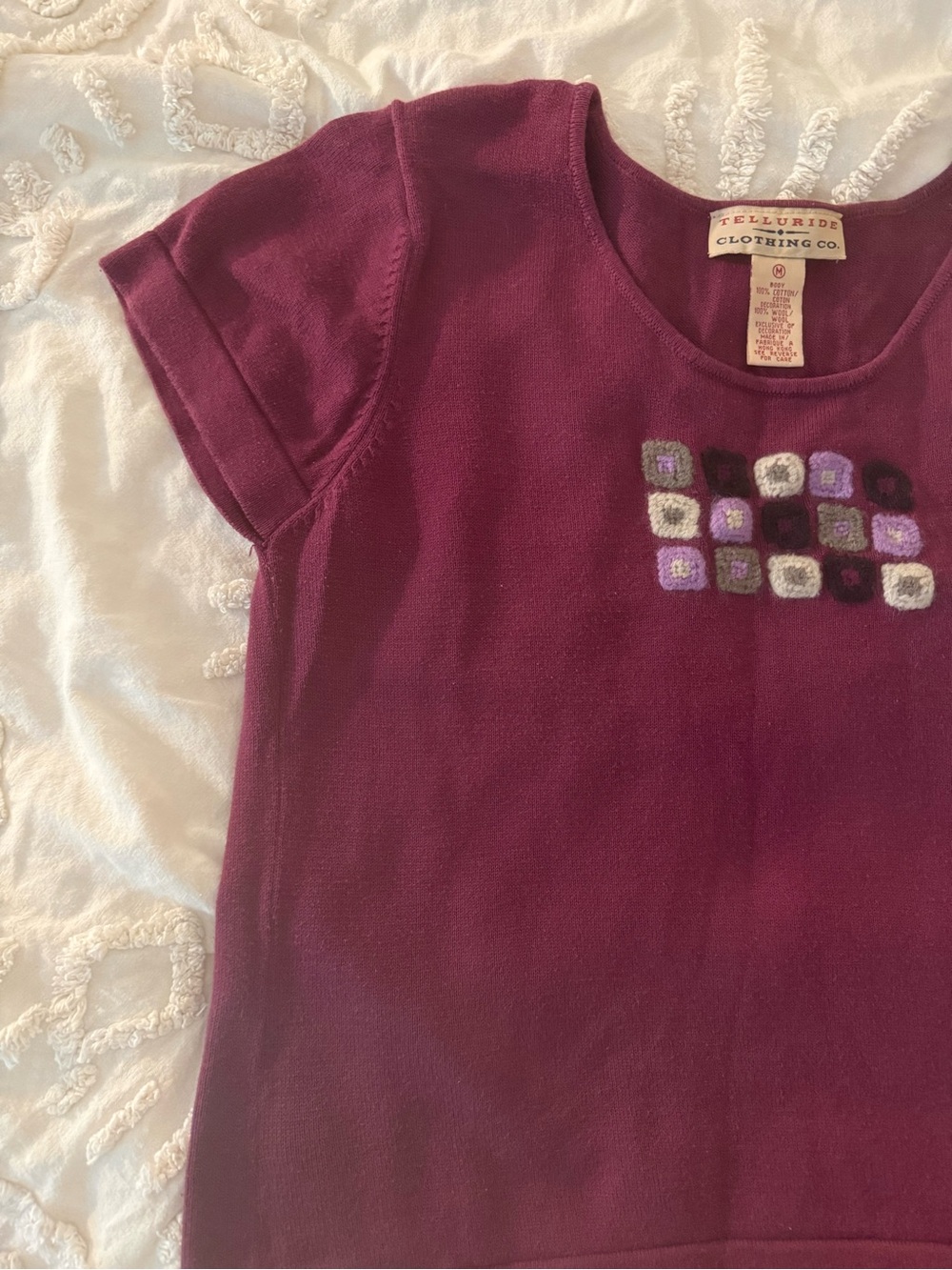 Y2K Plum Short Sleeve Top with Embroidered Squares - Picture 4 of 4